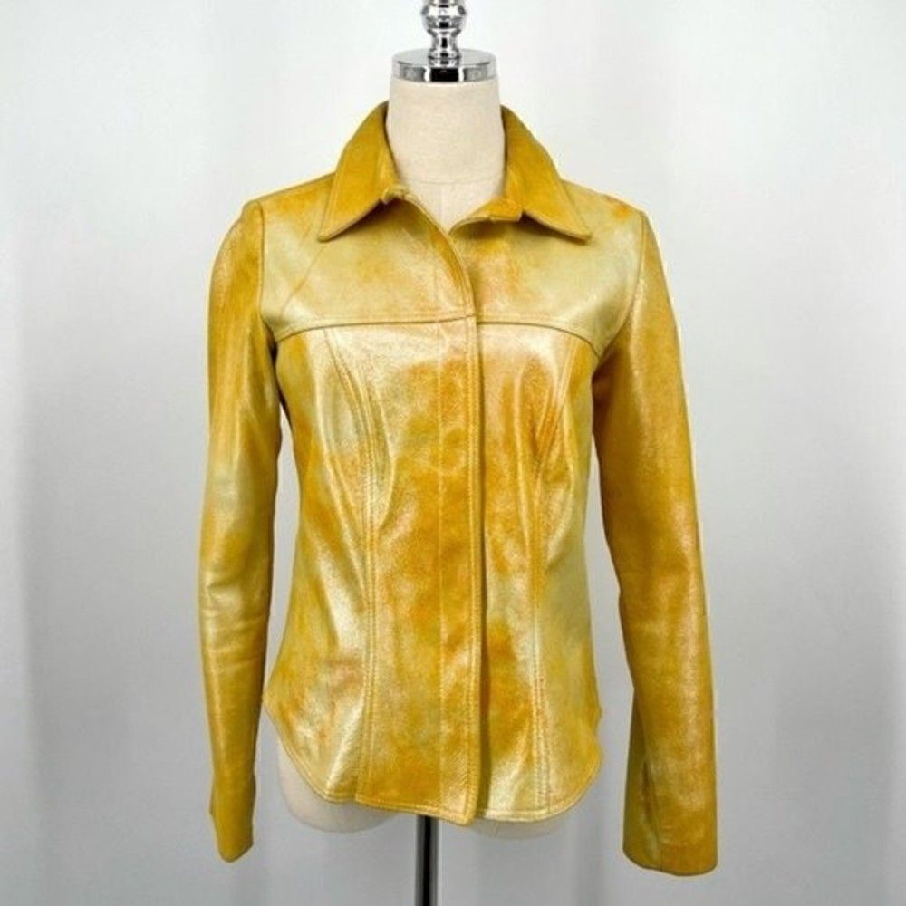 Vintage Neto yellow metallic sheen leather shaket jacket size 8 Y2K BoxM
